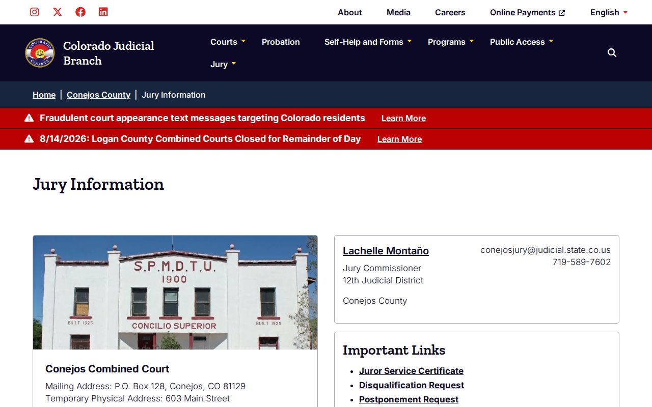 Conejos County court date jury and venue information