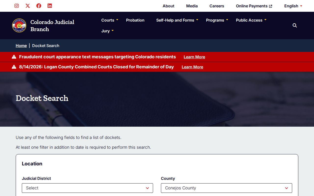 Conejos County court calendar and hearing filters