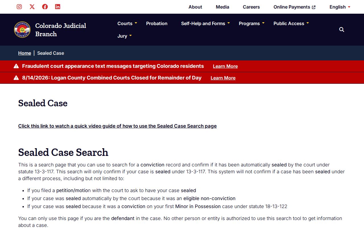Conejos County criminal docket sealed case access page