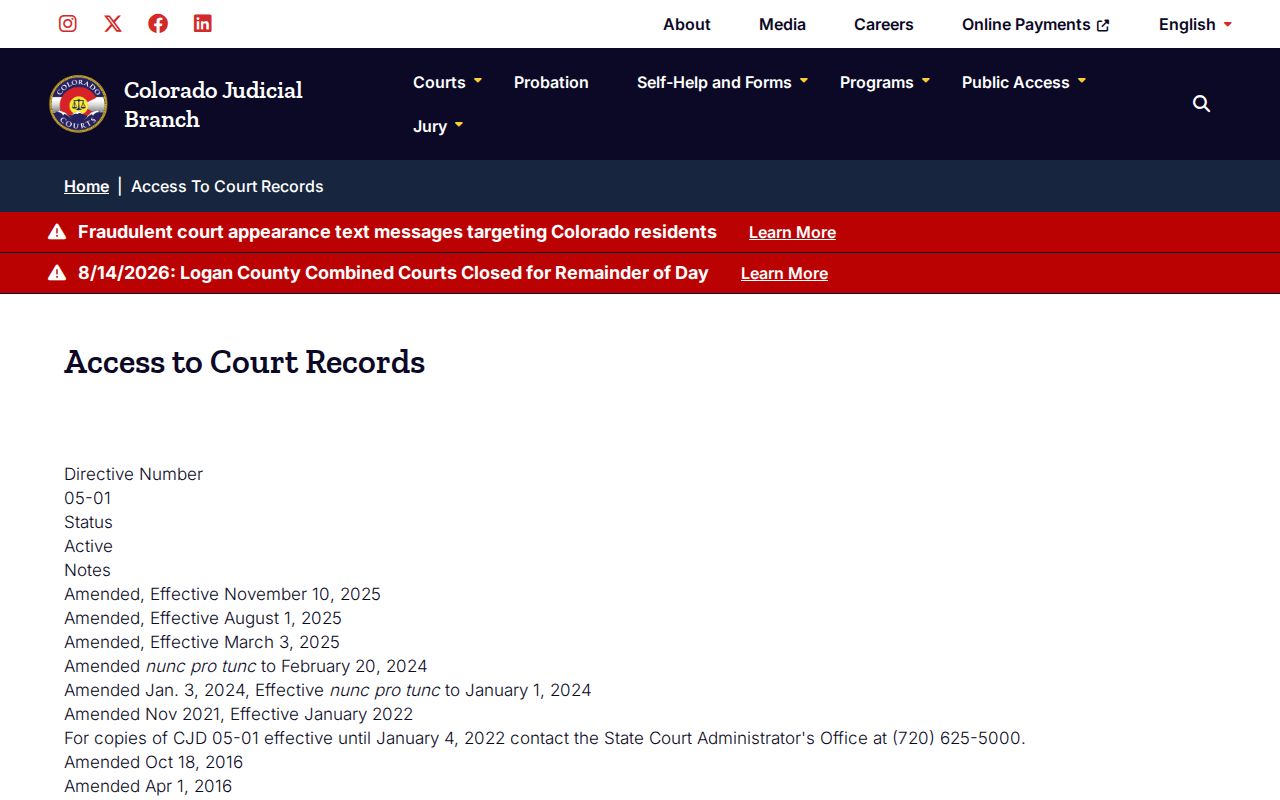Conejos County court record access under CJD 05-01