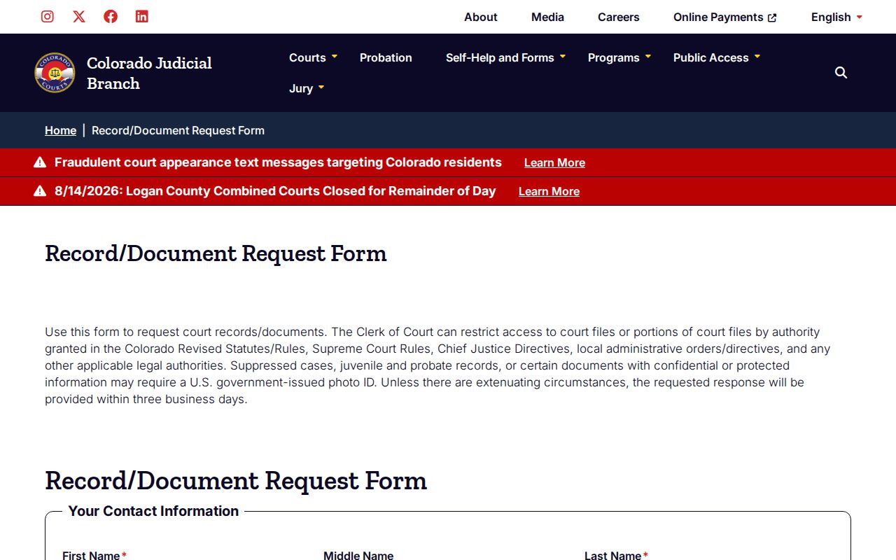Conejos County court record document request form