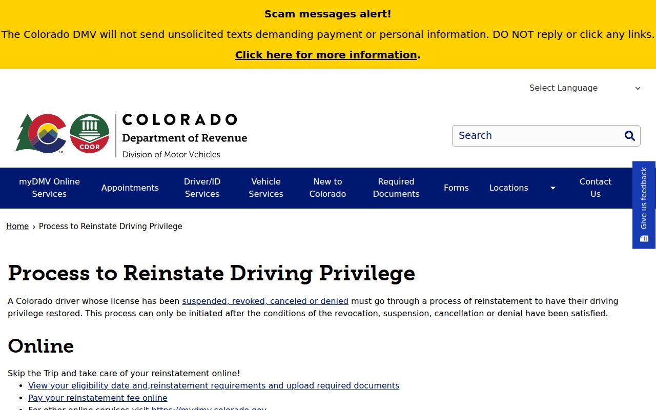 Conejos County traffic ticket DMV privilege reinstatement process