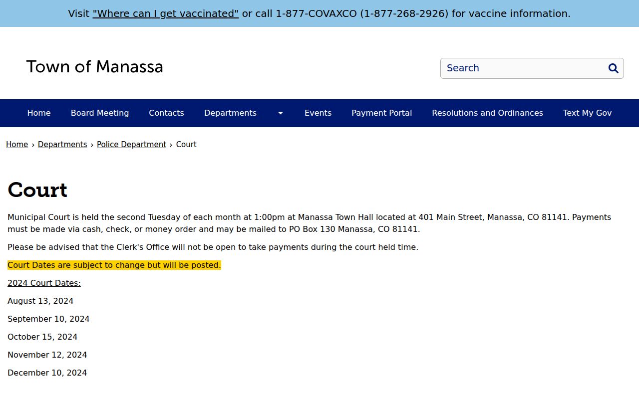 Manassa court docket municipal court page