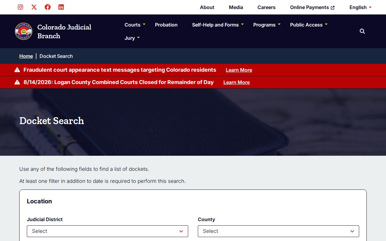 Conejos County court docket search fields